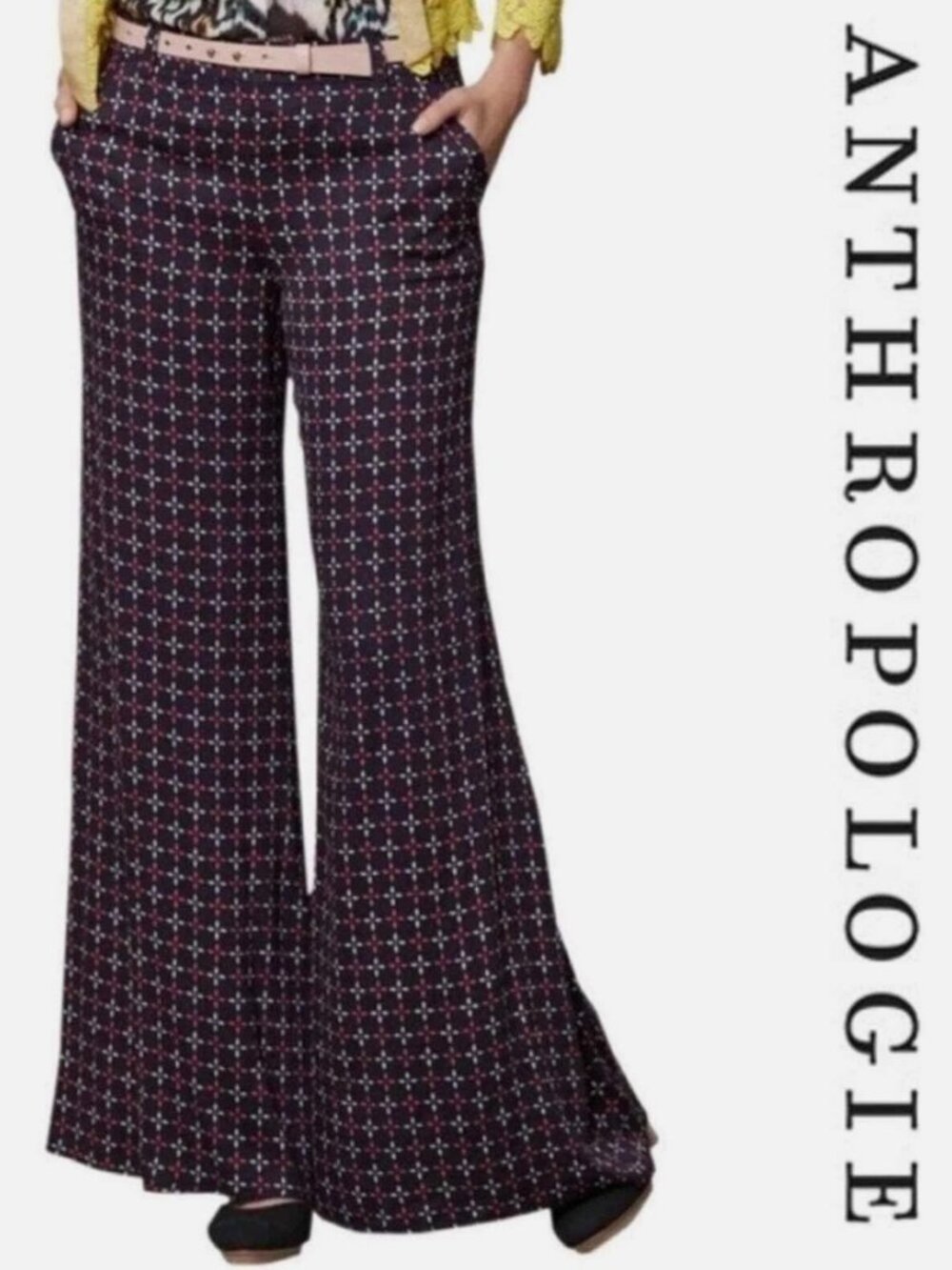 NWT Anthropologie Cartonnier Blue Mosaic Print Wide Leg Palazzo Pants Size 12